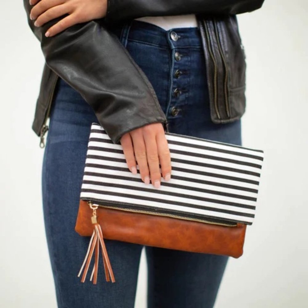 NWT | Foldover Clutch Soft Faux Leather & Black/White Stripe | Tassel | Gold - Picture 4 of 5